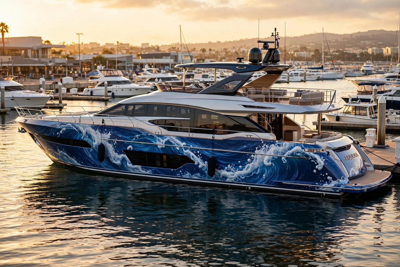 Luxury motor yacht with blue ocean wave hull wrap